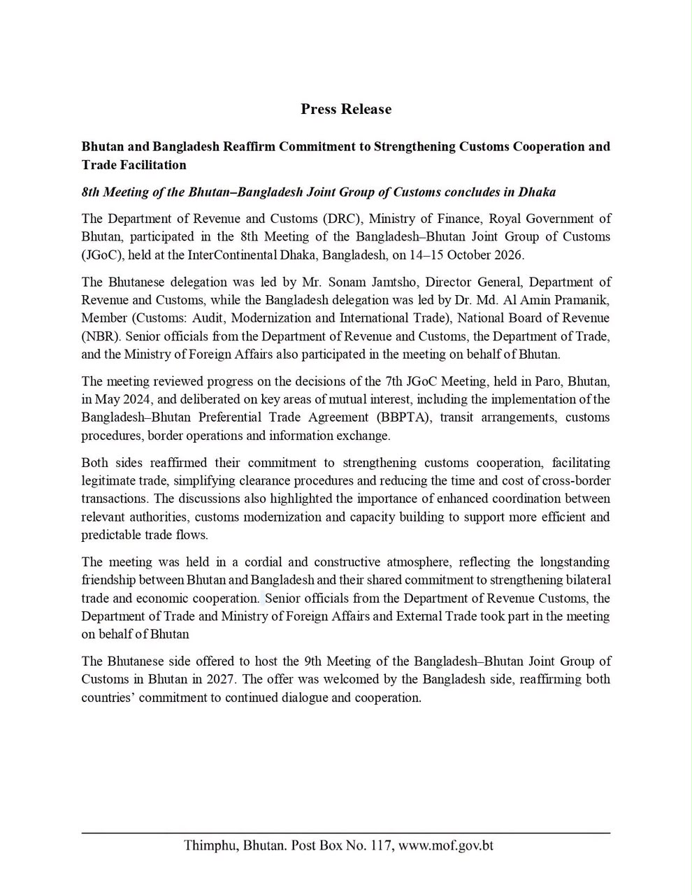 8th Meeting pf the Bhutan-Bangladesh Joint Group of Customs. Dhaka,Bangladesh